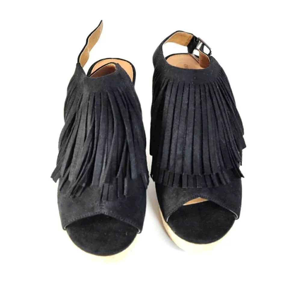 Comfortview Diane Espadrille Sandals Heels Wedge Fringe Black Women Size 9M